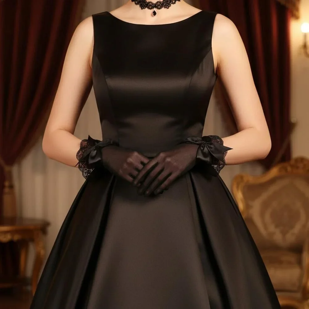 Women's Halloween Evening Black Elegant Ruffled Floral Short Bow Lace Gloves